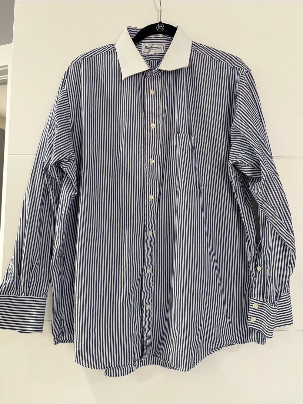 Burberry’s of London Men's Blue Stripe Dress Shirt w/ White Collar, 17 1/2, 34